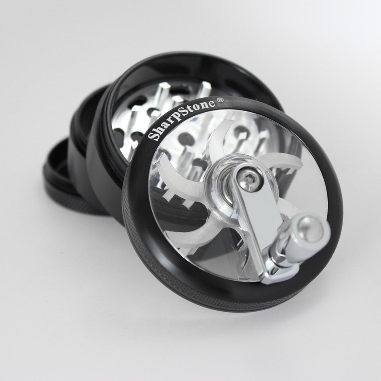 Sharpstone 2.5" Black 4-Piece Herb Grinder with Glass Top and Mill Handle