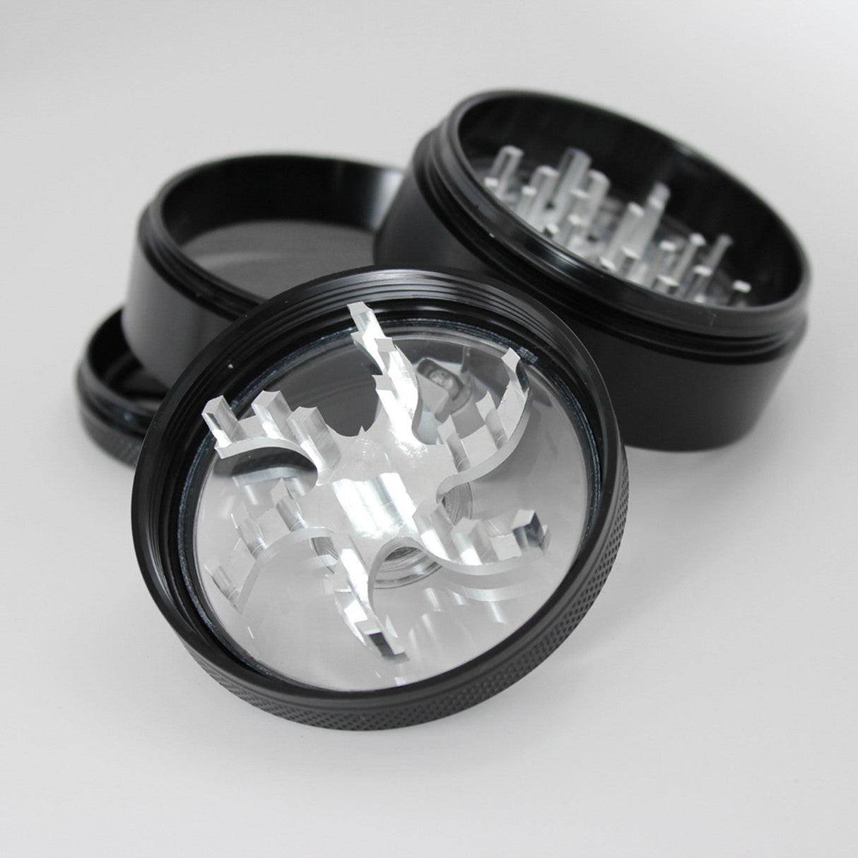 Sharpstone 2.5" Black 4-Part Aluminum Grinder with Mill Handle and Glass Top, Open View