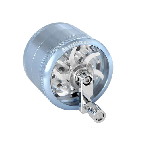 Sharpstone blue 2.5" 4-piece grinder with glass top and milling handle, ideal for dry herbs