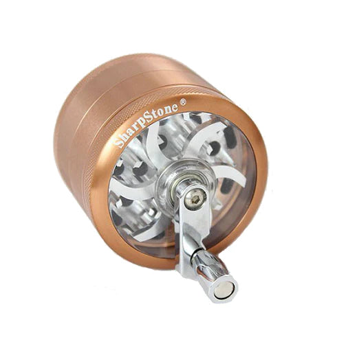 Sharpstone 2.5" Brown Aluminum Grinder with Glass Top and Mill Handle, Portable 4-Piece Design