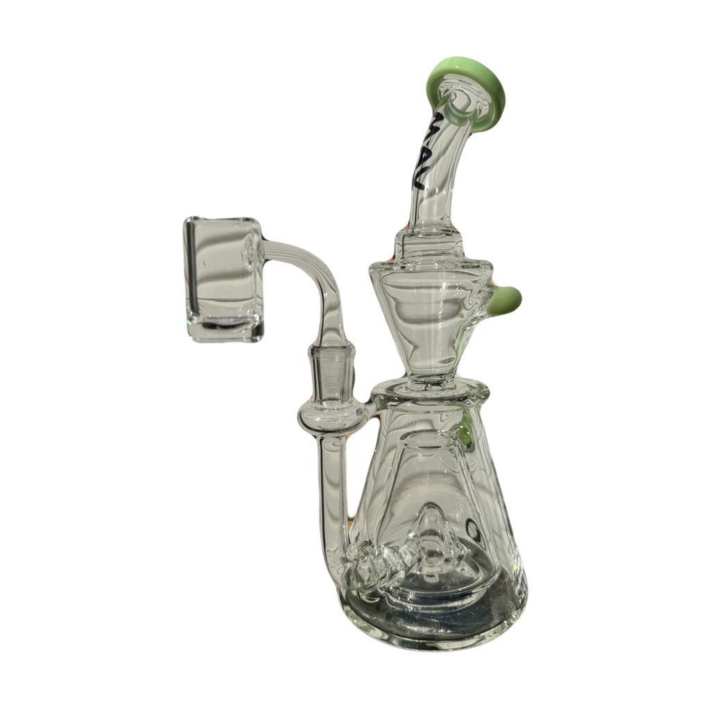 MAV Glass Showerhead Beaker Natural Recycler Vernon Dab Rig with graffiti background