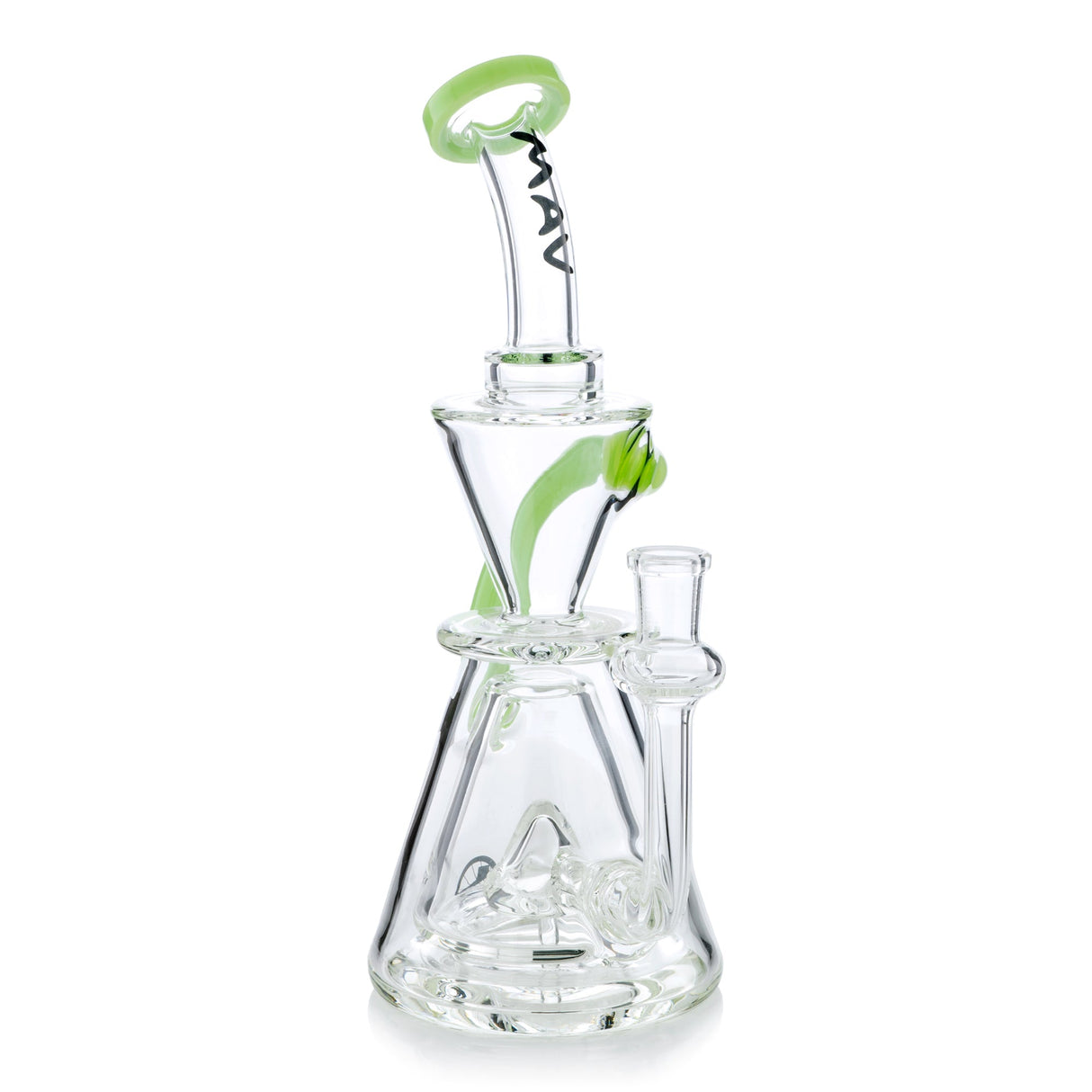 MAV Glass 9" Showerhead Beaker Recycler Dab Rig with 14mm Banger and Green Accents - Front View