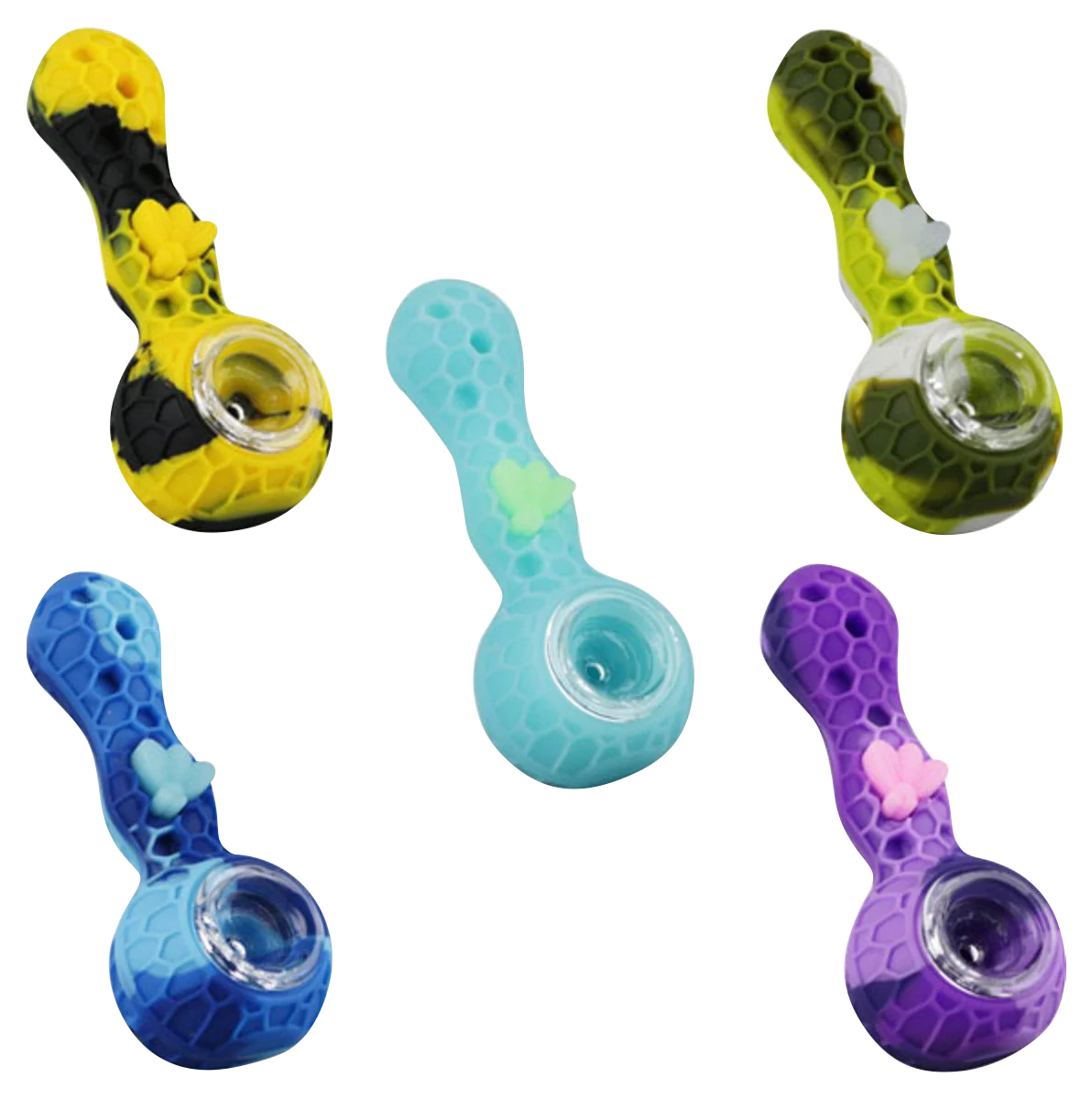 Assorted Silicone Bee Hand Pipes with Borosilicate Glass Bowls on Striped Background