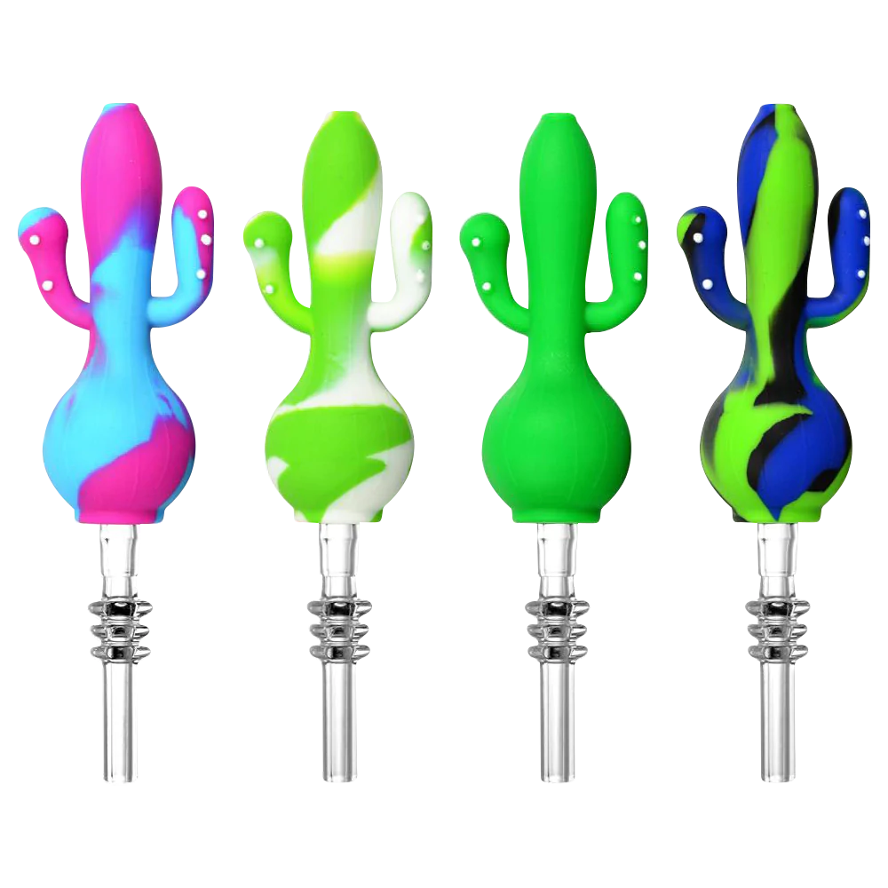 Assorted colors silicone cactus dab straws with quartz tips, front view on white background