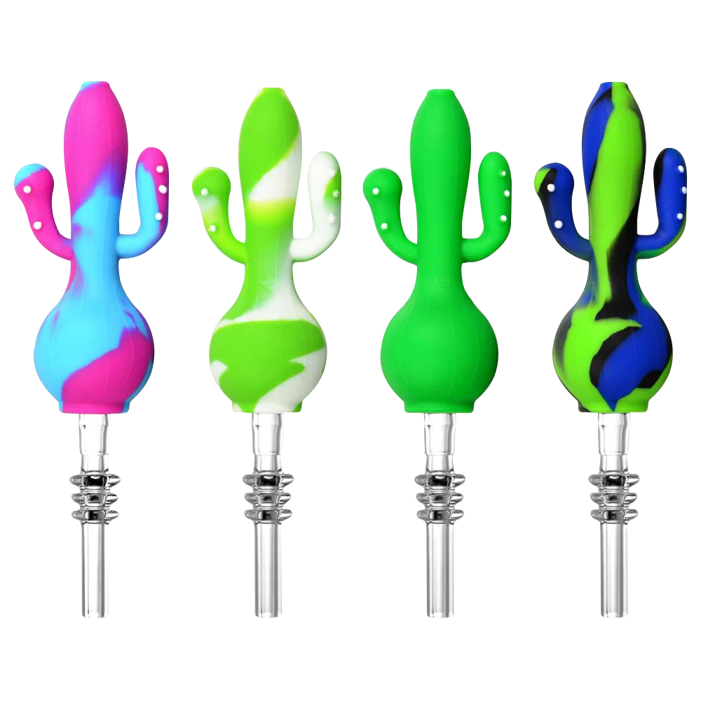 Colorful silicone cactus-shaped dab straws with 10mm quartz tips, front view on a white background