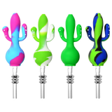 Assorted colors silicone cactus dab straws with quartz tips, front view on white background