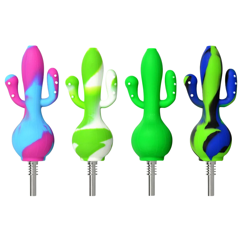 Assorted colors silicone cactus dab straws with titanium tips, front view on striped background