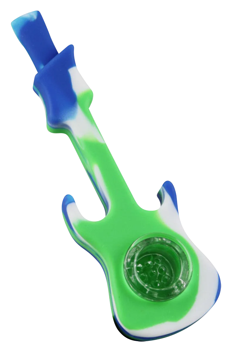 Compact silicone guitar-shaped hand pipe with glass bowl, 4.25" long, portable design
