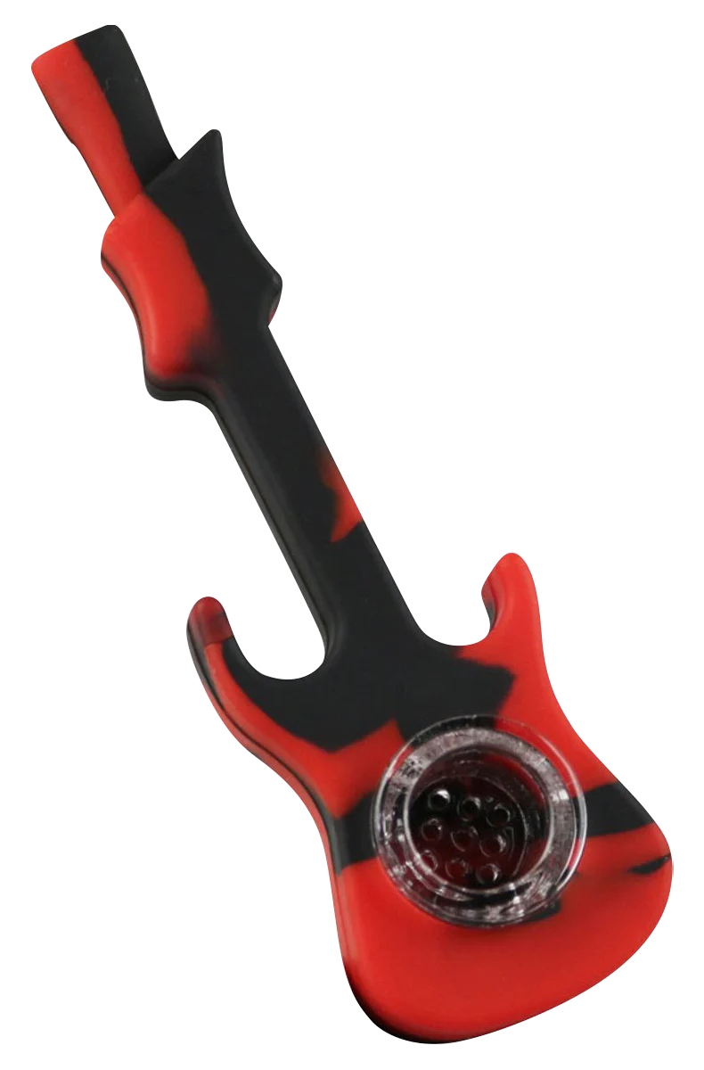 Red and black silicone guitar-shaped hand pipe with glass bowl, 4.25" compact design for dry herbs
