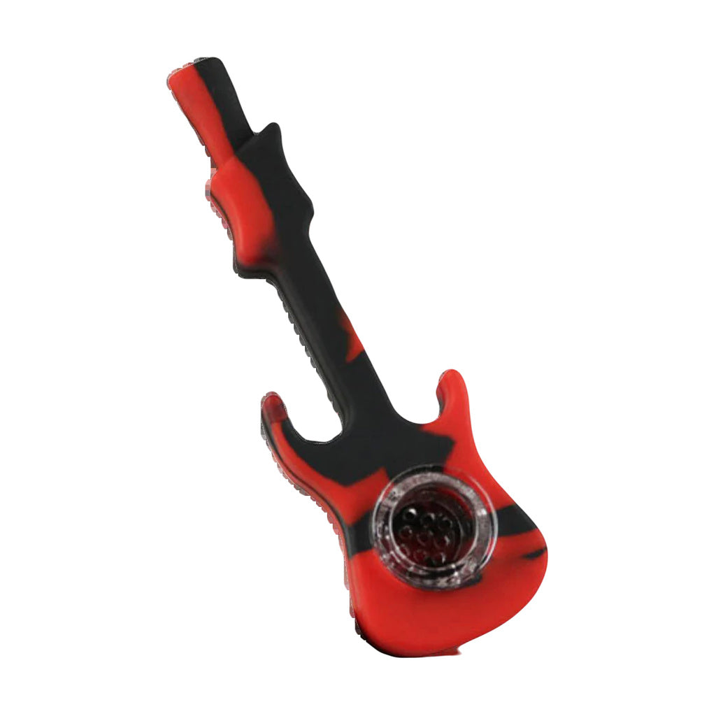 Red and green silicone guitar-shaped hand pipes with glass bowls, 4.25" size, portable design