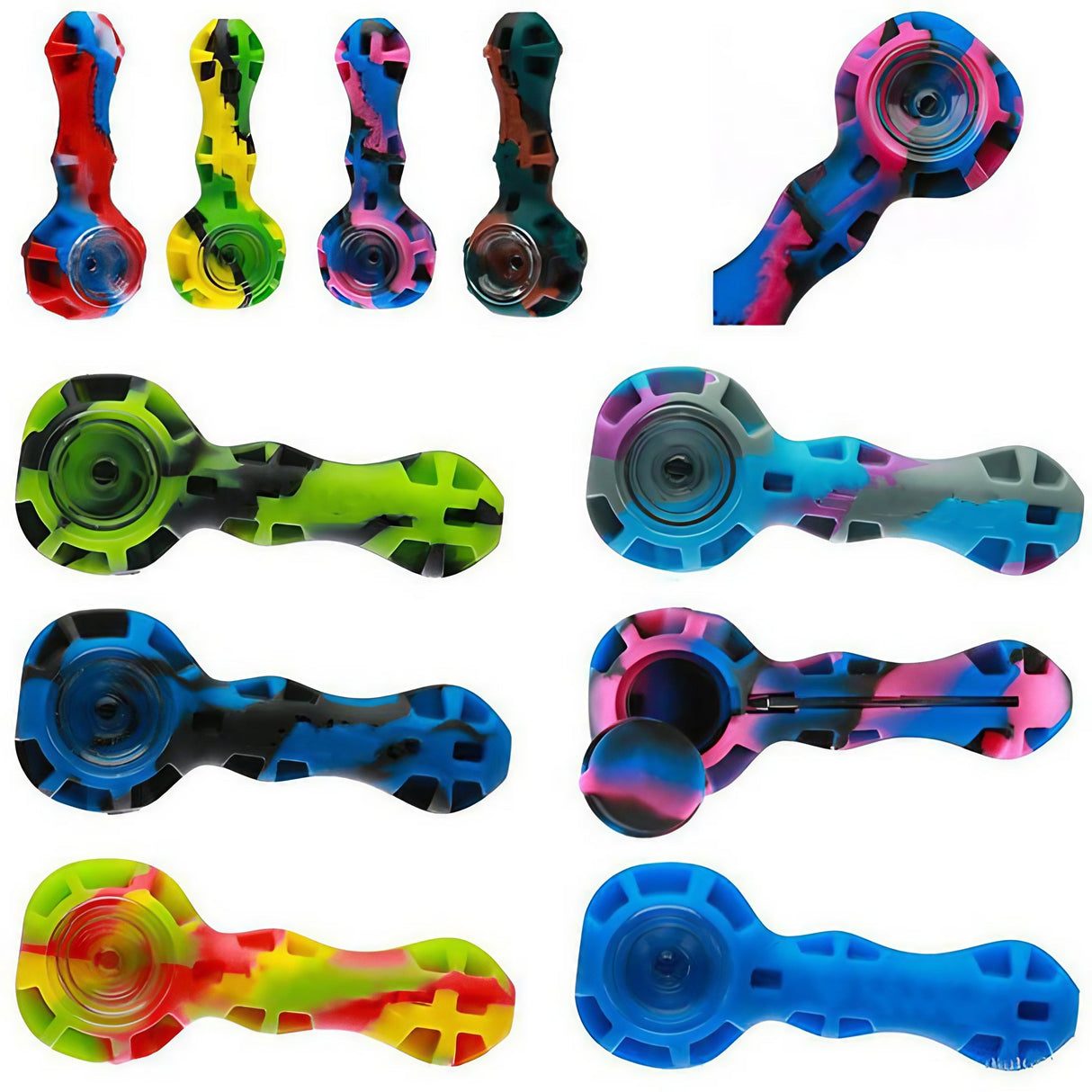 Assorted colorful silicone hand pipes with spoon design, poker, and stash compartment by DankGeek