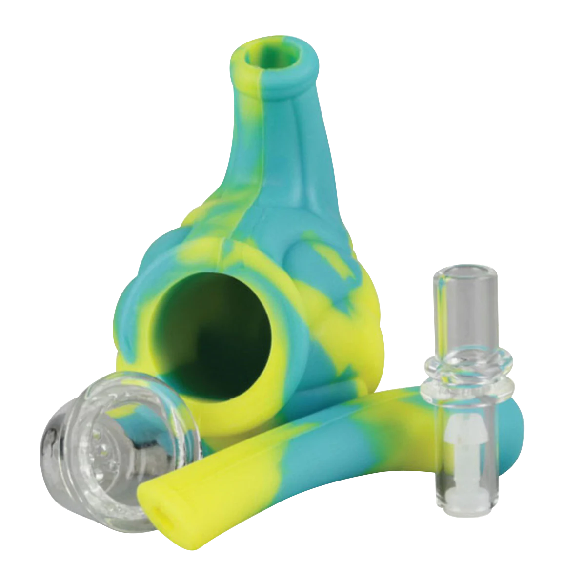 Compact silicone hand pipe with removable glass bowl, blue and yellow design, 5.5" size, side view