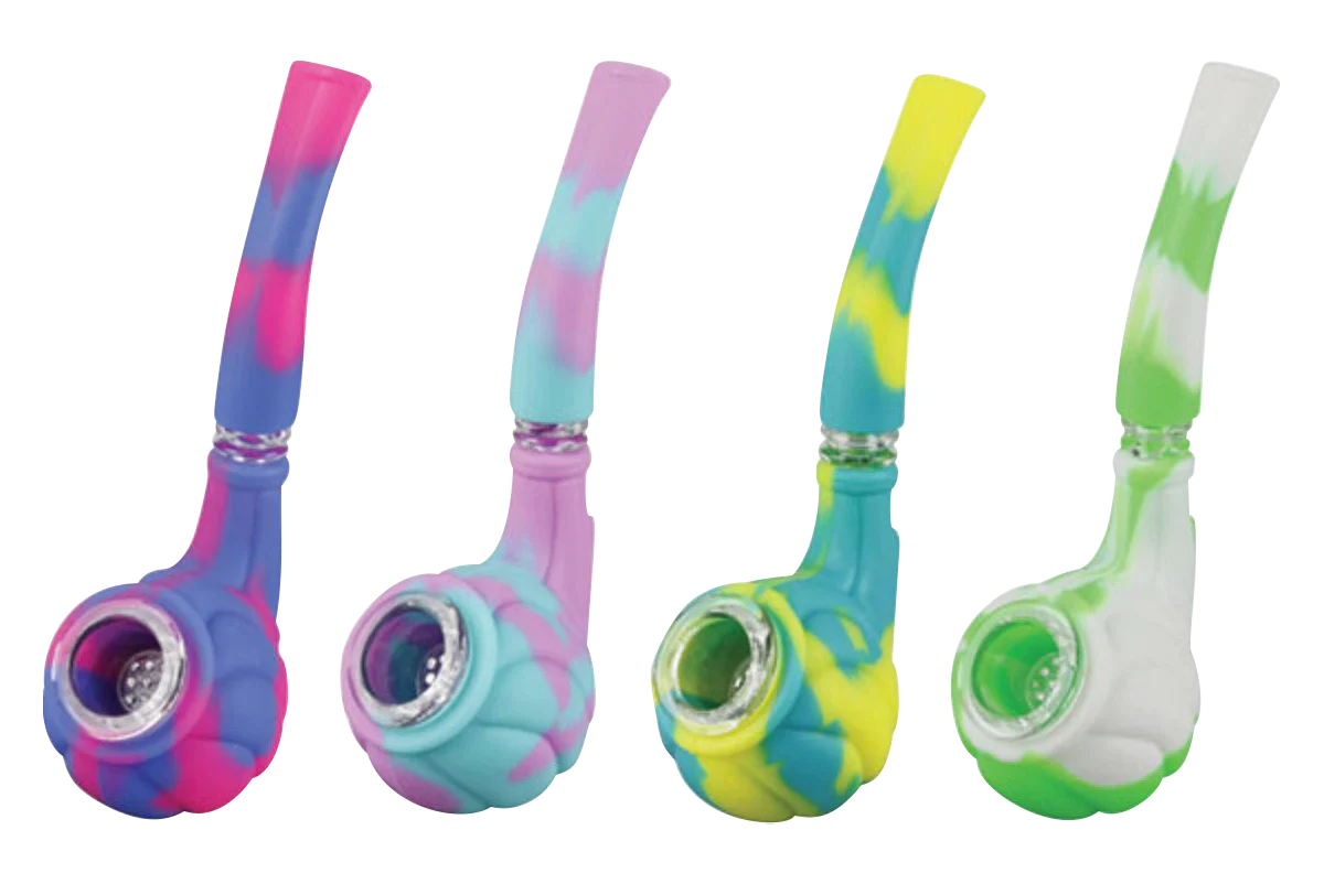 Colorful silicone hand pipes with glass bowls, angled side view, compact and portable design