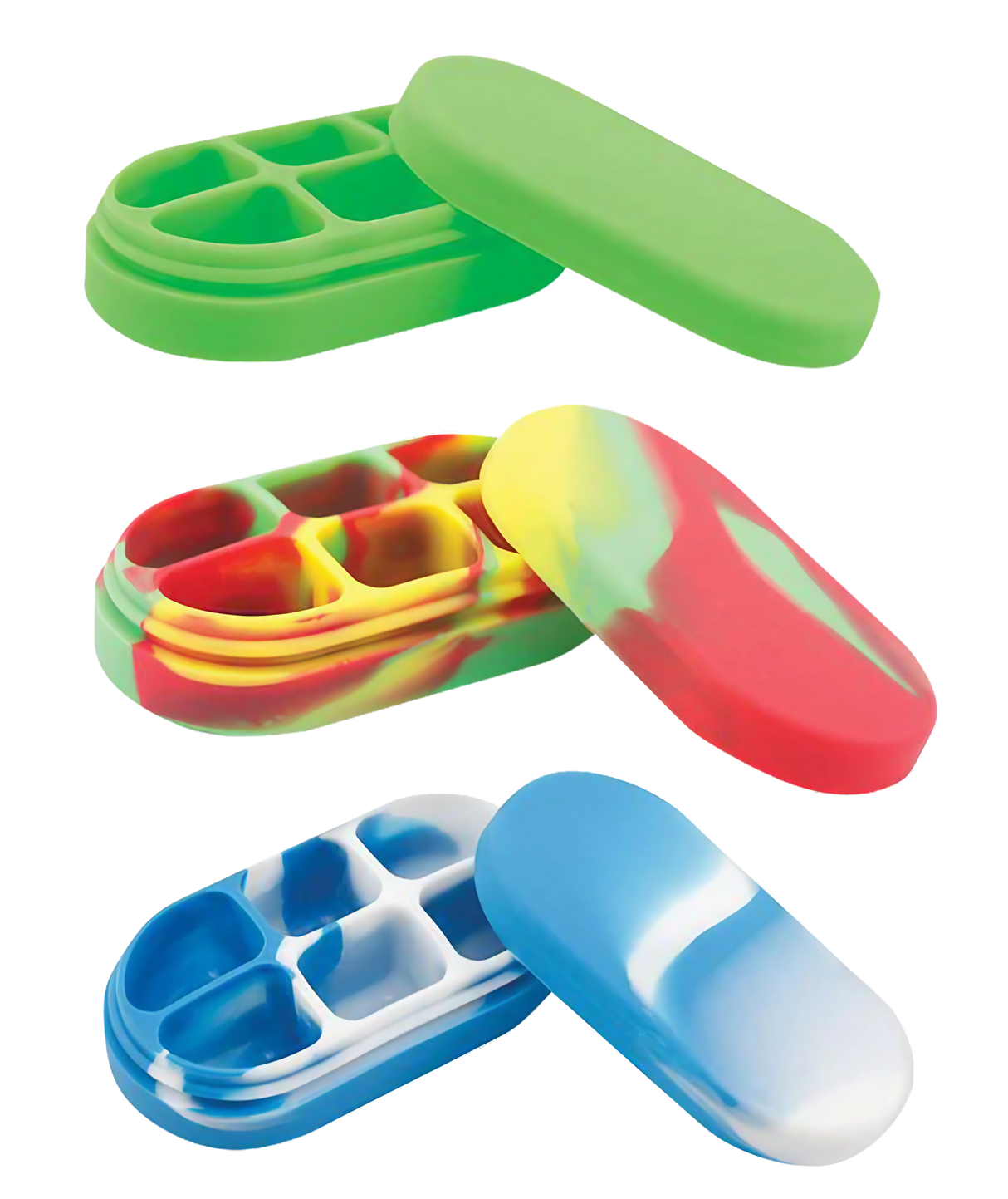 Silicone Multi-Drawer Concentrate Containers in various colors, ideal for storage and travel