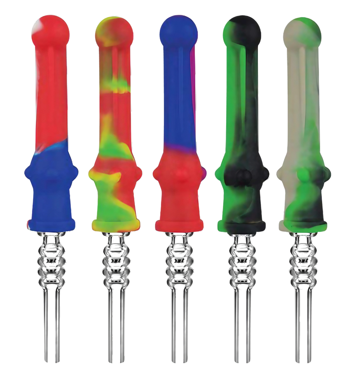 Assorted colors silicone vapor straws with quartz tips, compact and portable, front view