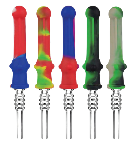 Assorted colors silicone vapor straws with quartz tips, compact and portable, front view