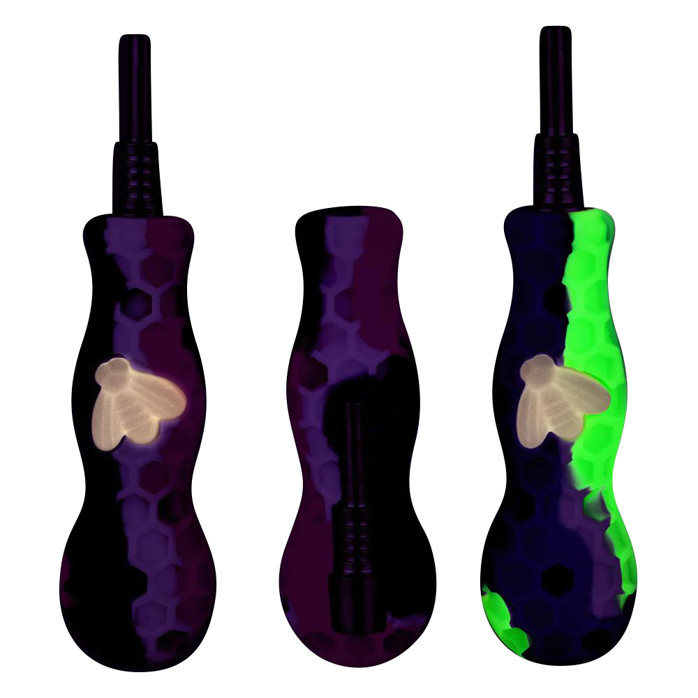 Silicone Vapor Straw with Titanium Tip featuring Glow Bee design, UV Reactive, 4.25" size