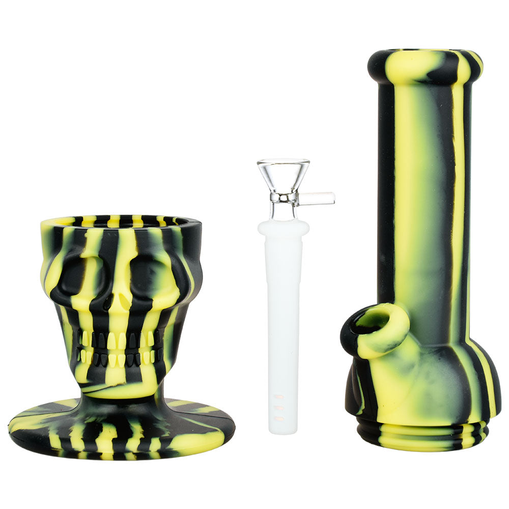 Sinfully Smiling Skull Silicone Water Pipe, 11" Tall, 14mm Female Joint, Beaker Design, Assorted Colors