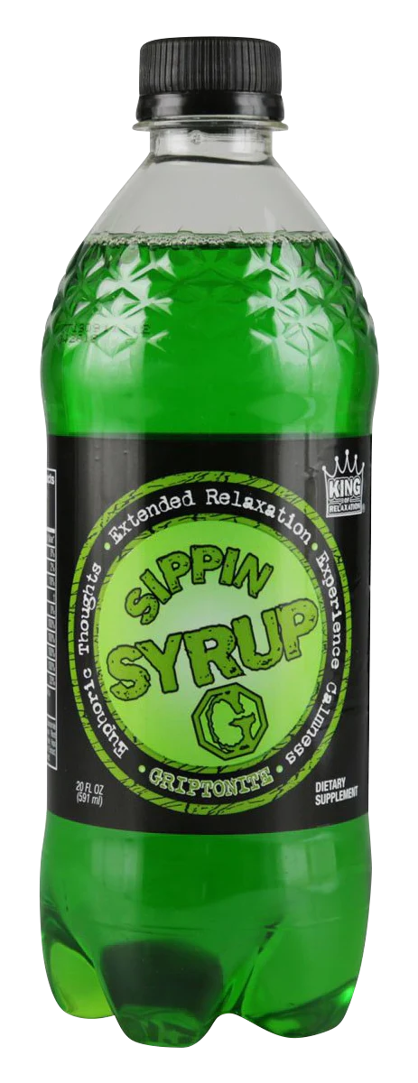 Sippin Syrup Griptonite flavor relaxation drink in 20 oz green bottle, front view, portable design