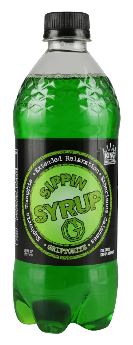 Sippin Syrup Griptonite flavor relaxation drink in 20 oz green bottle, front view, portable design