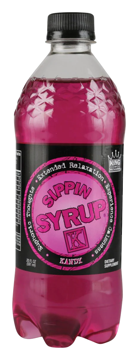 Sippin Syrup Relaxation Drink in Kandy flavor, 20 oz bottle with pink liquid, front view on white background
