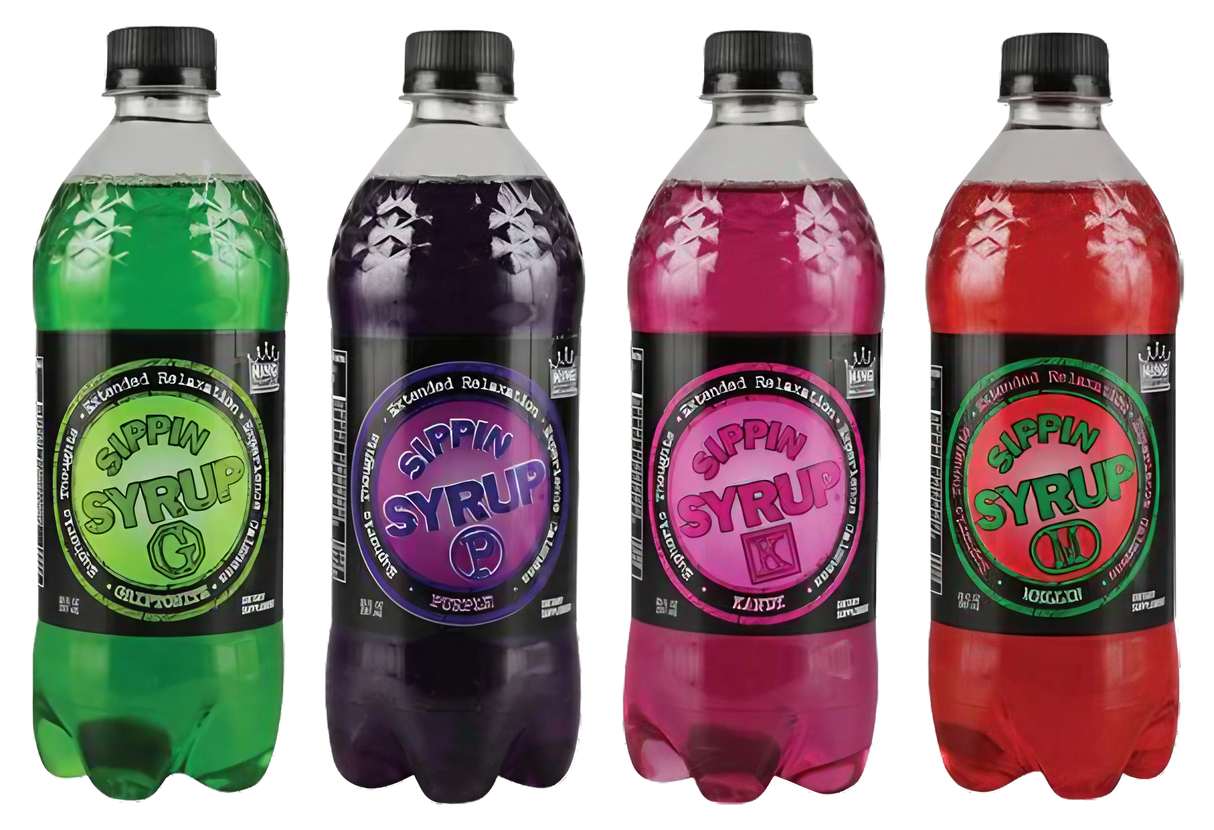 Sippin Syrup Relaxation Supplement in assorted colors, 20 oz bottles, front view, 12 pack