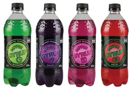 Sippin Syrup Relaxation Supplement in assorted colors, 20 oz bottles, front view, 12 pack