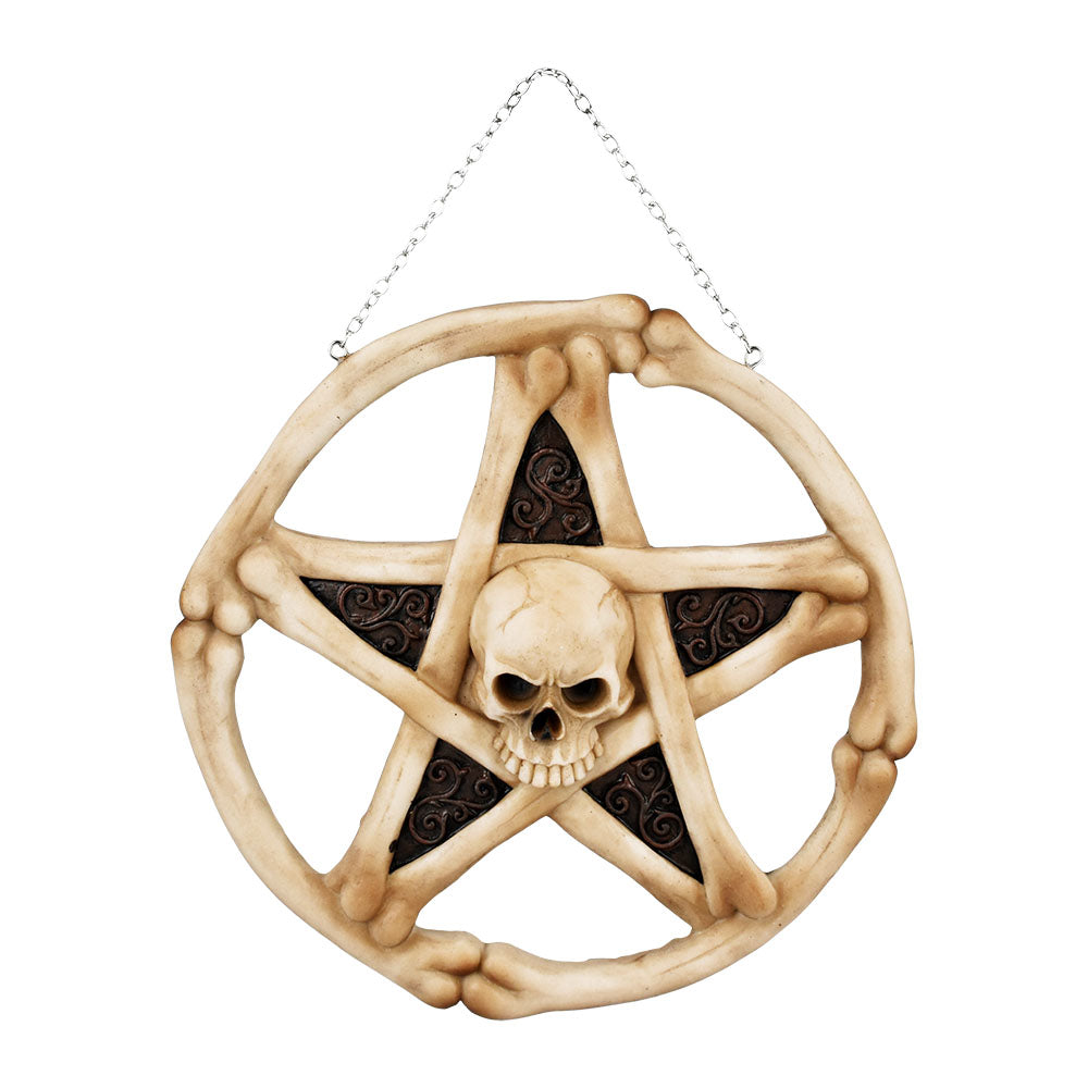 Black Skeletal Pentacle Skull & Bones Wall Decor, 8.5" Metal Art Front View