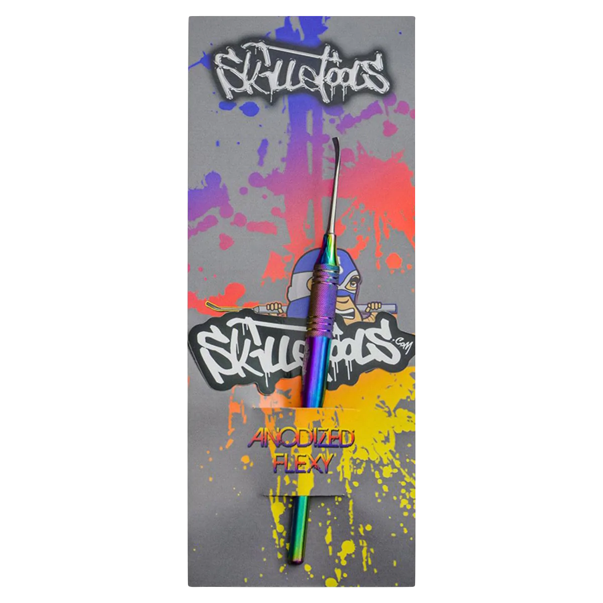 Skilletools Anodized Series Dab Tool with rainbow finish on colorful splattered background