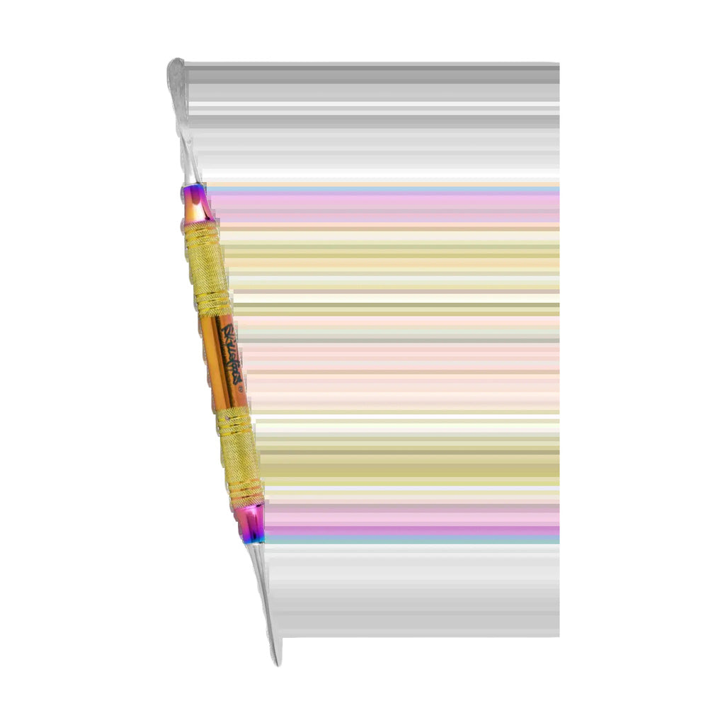 Skilletools Anodized Dab Tool in Rainbow with textured grip, angled view on striped background
