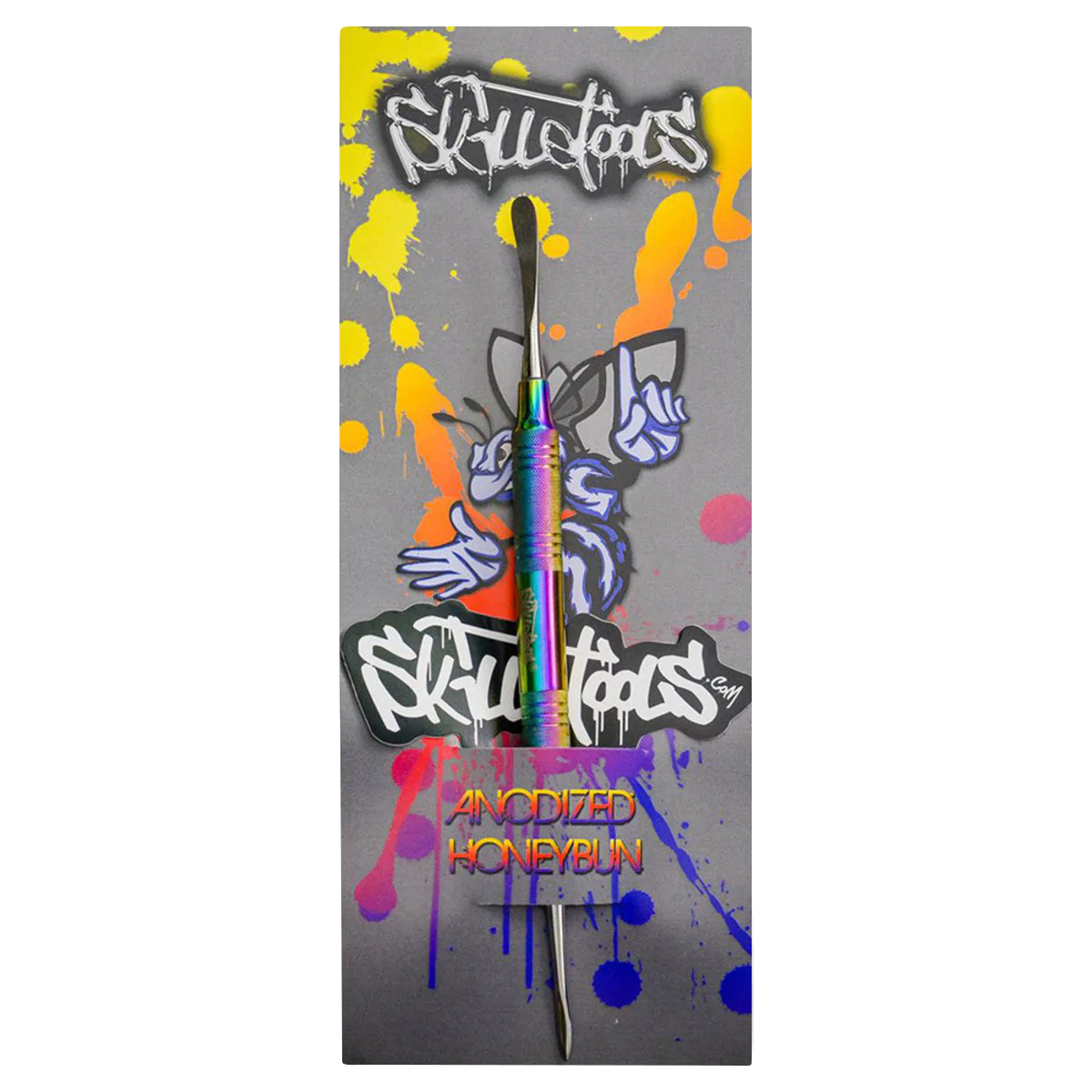 Skilletools Anodized Honeybun Dab Tool with colorful rainbow finish and graffiti-style packaging