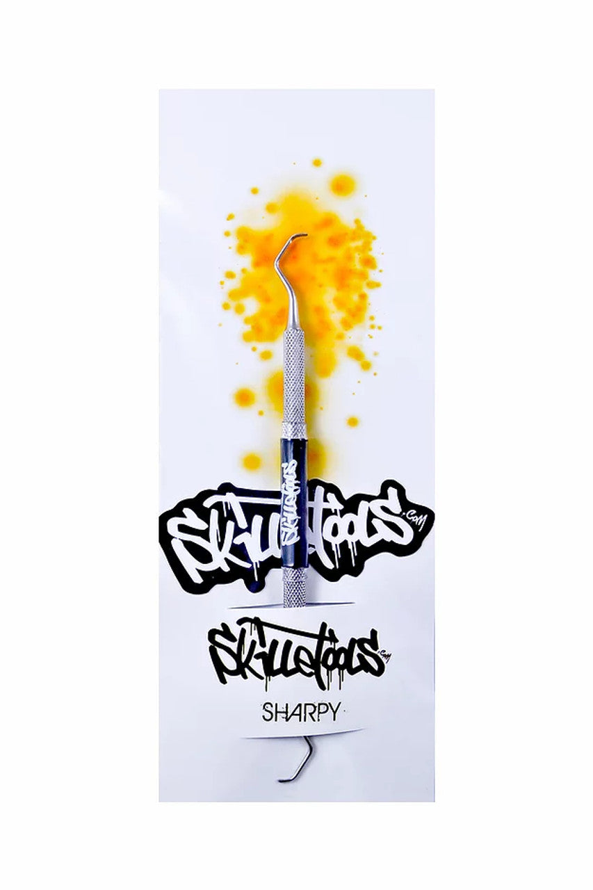 Skilletools Sharpy Dab Tool with silver steel design, compact for easy portability, front view on white