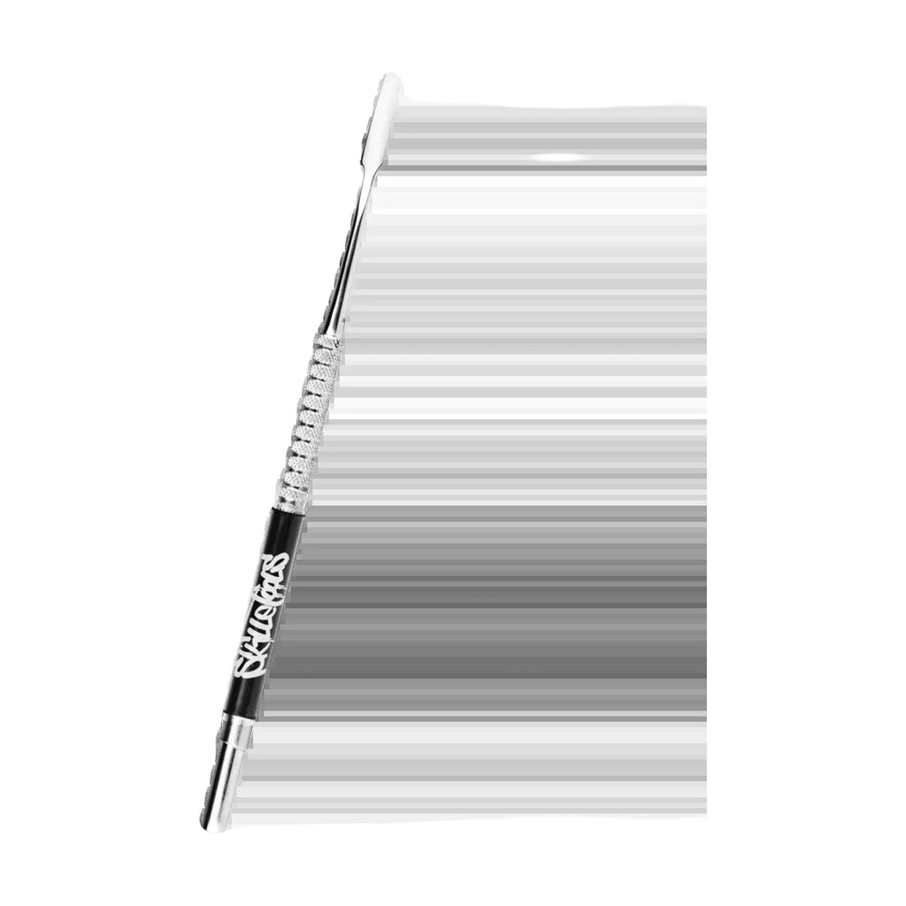 Skilletools steel dab tool with textured grip and angled tip, portable for dab rigs