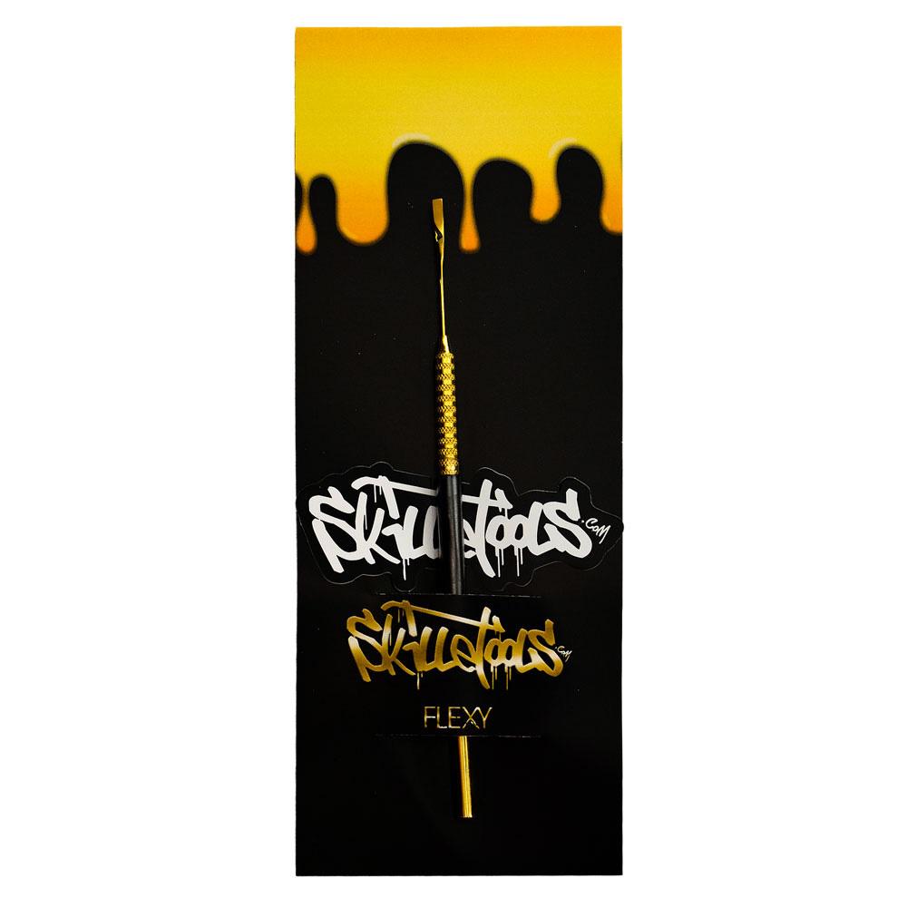 Skilletools Gold Series Flexy Dab Tool front view on branded background, compact and portable design