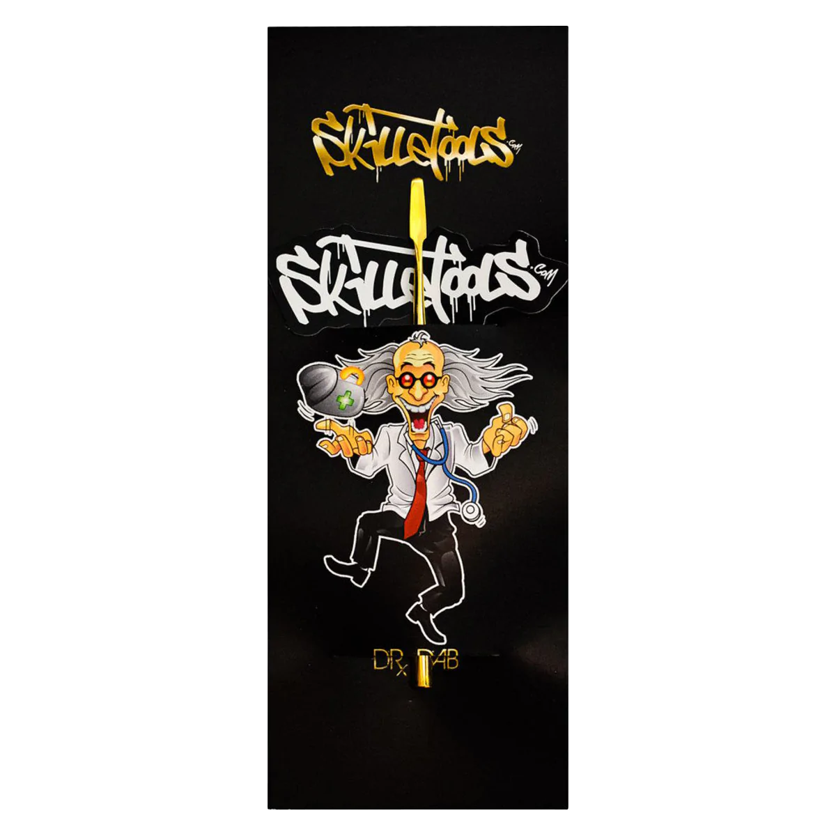 Skilletools Gold Series Dr. Dab Tool on black background, showcasing compact design for dab rigs.