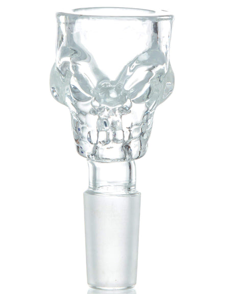 Valiant Distribution Skull-Shaped Glass Bowl for Bongs, Clear, Front View, 14mm/18mm