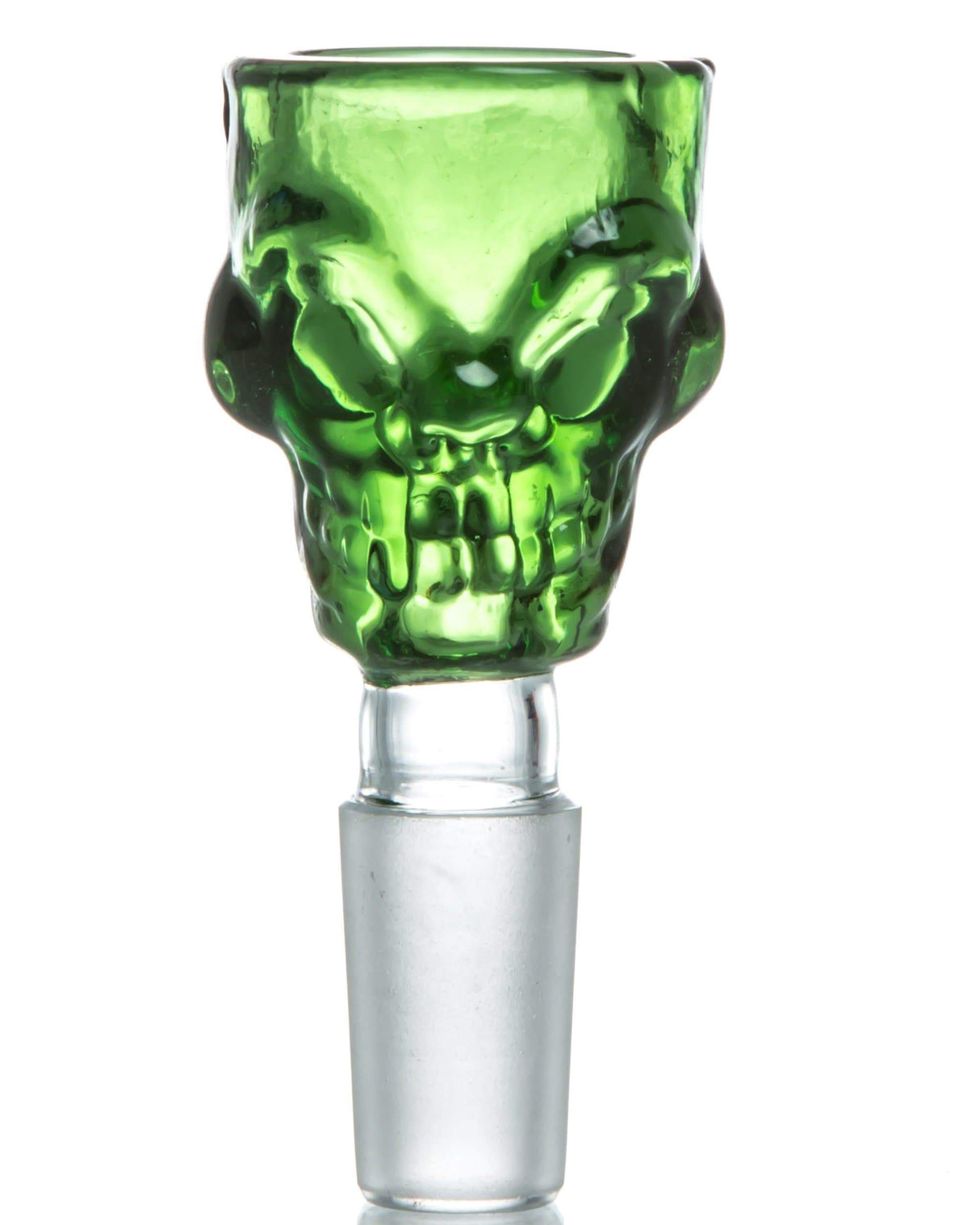 Green skull-shaped glass bowl for bongs, 14mm/18mm, front view on white background