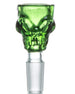 Green skull-shaped glass bowl for bongs, 14mm/18mm, front view on white background