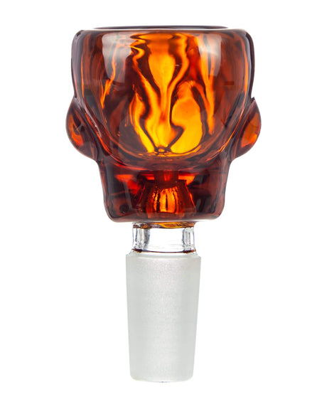 Amber Skull-Shaped Glass Bowl for Bongs, 14mm Male Joint, Front View on White Background