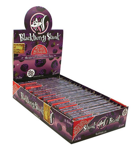 Skunk 1 1/4 Hemp Rolling Papers display box with Blackberry flavor, front view