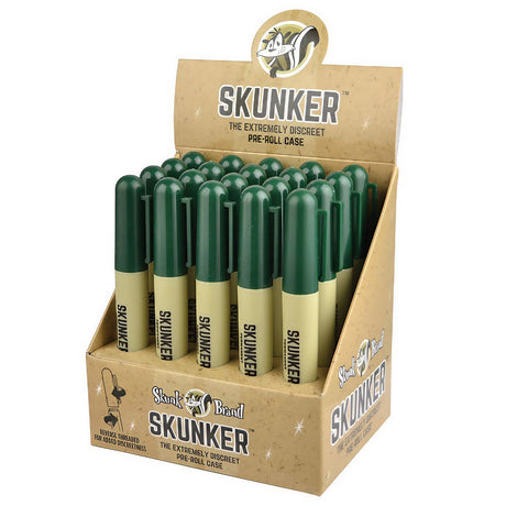Skunk Discreet Pre-roll Case 20 Pack in green, portable and smell-proof for dry herbs, front view display box
