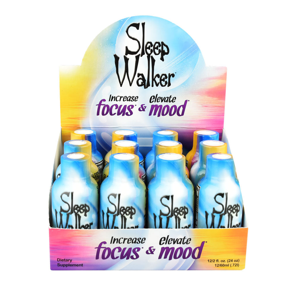 Sleep Walker Shot 12 Pack, 2 oz blue and green bottles for focus & mood, displayed in colorful box