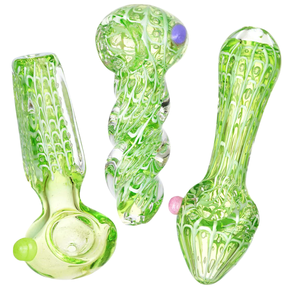Slime Green Spiderwebs Borosilicate Glass Spoon Pipe, Heavy Wall, 3.5" Long