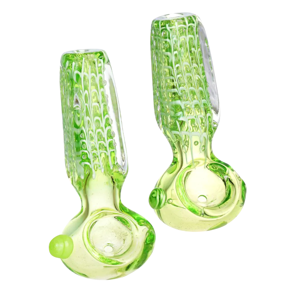Slime Green Spiderwebs Glass Spoon Pipe, 3.5" Length, Thick Borosilicate, Dry Herb