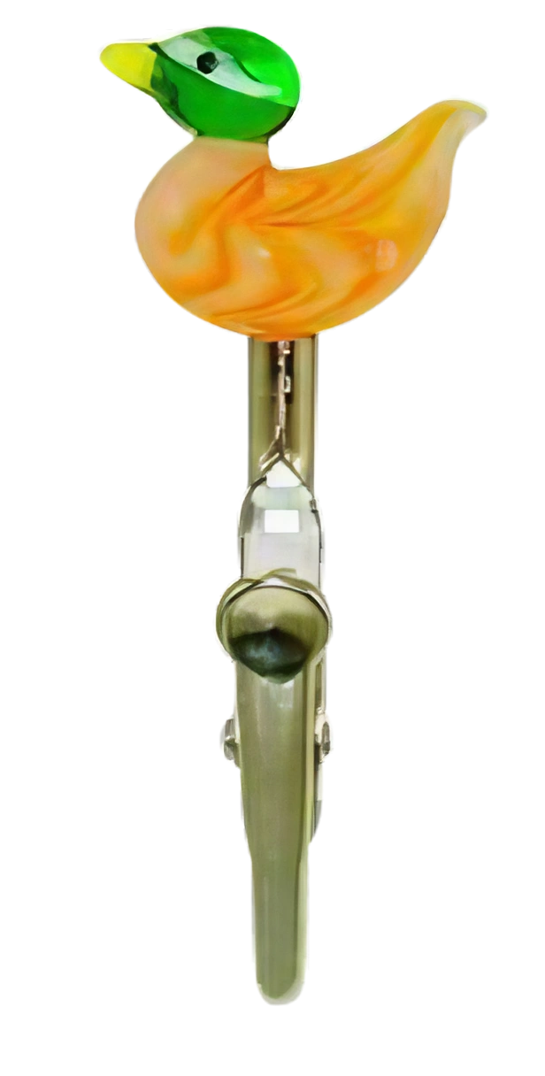 Borosilicate glass memo clip with duck design, ideal for holding joints securely, front view.