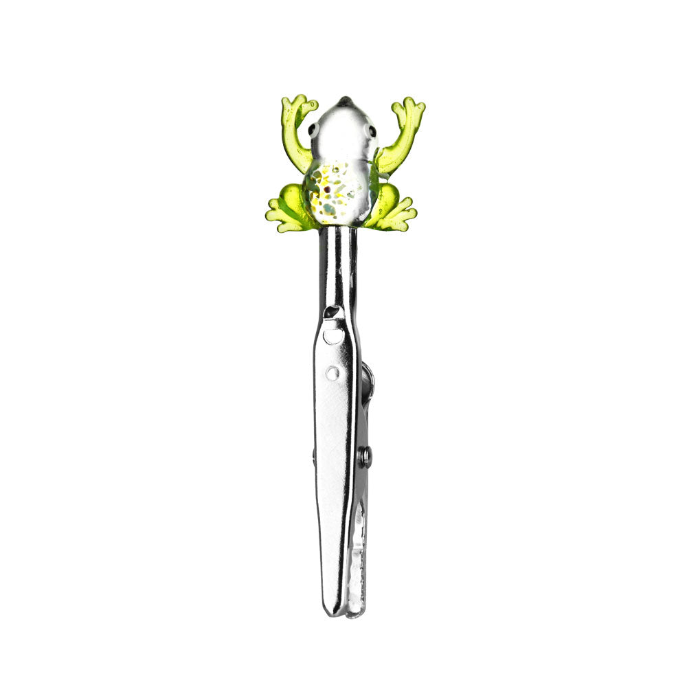 Borosilicate glass memo clip with a green frog design, front view on white background