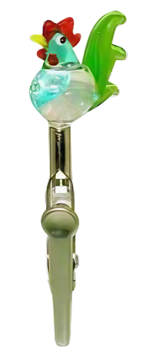 Borosilicate glass memo clip with colorful chicken design, front view on white background