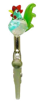Borosilicate glass memo clip with rooster design, side view on white background, ideal for joint holders