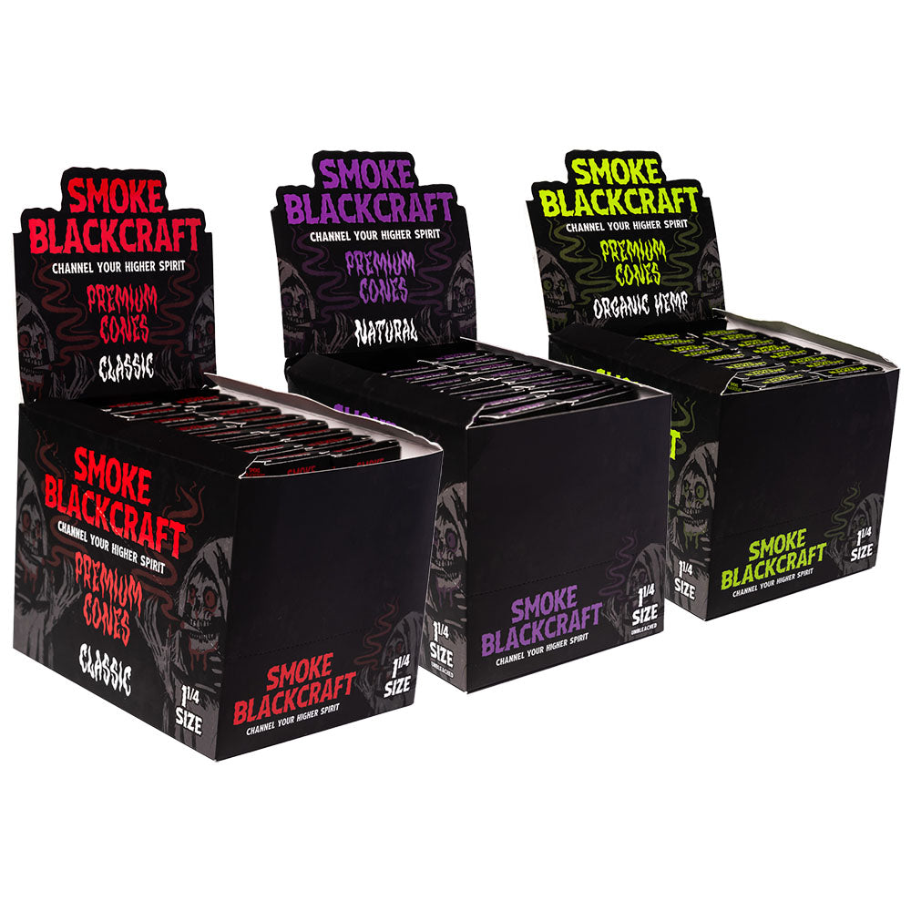 Display of Smoke BlackCraft Cones in various colors, 1 1/4" size, made from organic hemp, front view