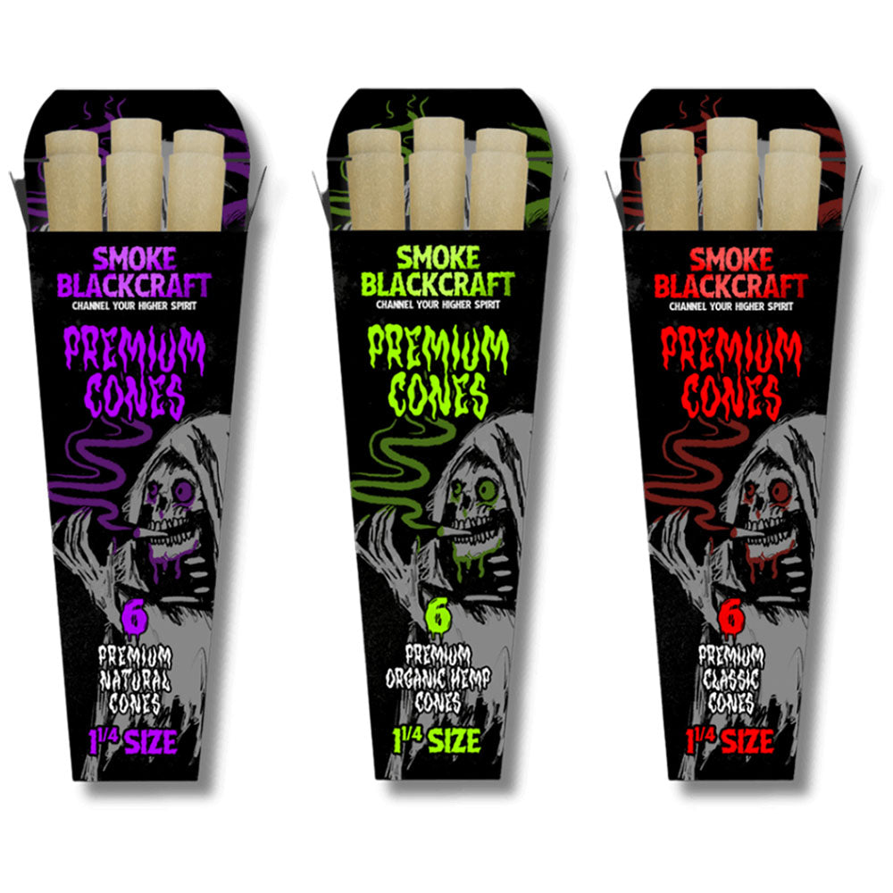 Smoke BlackCraft Cones display with 3 packs of 1 1/4" hemp rolling papers in black, green, purple, and red